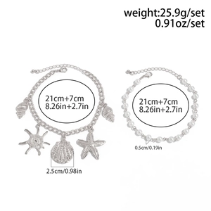 Detail showing shell and starfish charms on a 21cm anklet with size measurements