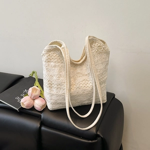 Women Large Capacity Straw Woven Lace Tote Bag Summer Fashion Hollow Floral Shoulder Bag With Bow Decoration Cute Handbag