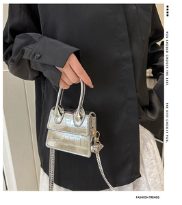 Detail of silver crocodile-embossed mini crossbody bag with metallic top handle