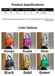 Detailed size chart and multi-color metallic crocodile mini handbag color options