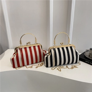 Retro striped crossbody bags with vintage metal handles and chain straps in two colors