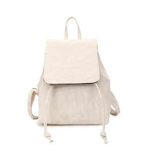 Minimalist beige PU leather backpack with drawstring and flap closure for daily commute
