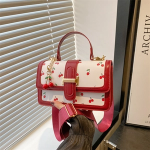 Women Crossbody Bag PU Leather Cherry Print Small Square Handbag With Wide Adjustable Strap And Pendant Sweet Fashion