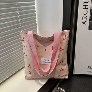 Women Corduroy Tote Bag Casual Cherry Print Large Capacity Shoulder Handbag Korean Style