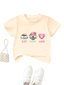 T-shirt beige pour enfant avec motif chien Eat Woof Love et ses accessoires