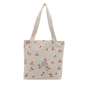 Minimalist white corduroy tote bag with red cherry print and dual top handles