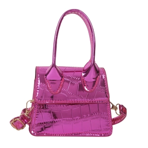 Pink croc-embossed mini handbag with metallic finish and adjustable crossbody strap