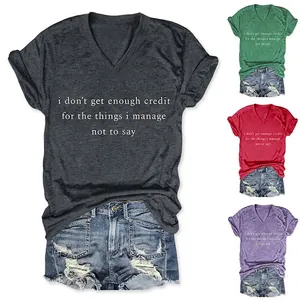 T-Shirt Femme Col En V Mélange Coton Slogan Imprimé Lettres Manches Courtes Décontracté Été Coupe Ample Nœud Latéral