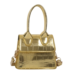Mini gold crocodile embossed trapezoid handbag with top handle and crossbody strap