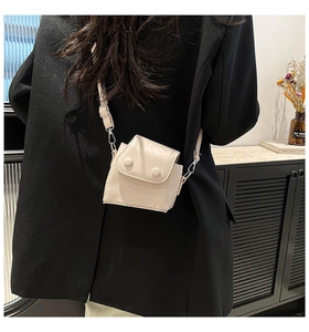 Detail of a chic beige mini crossbody bag with double buckle flap and adjustable strap