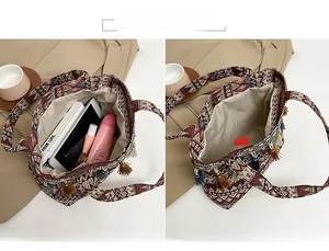 Macro shot of ethnic tote bag showing large capacity for tablet, spray, and cosmetics