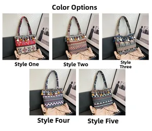 Detail view of five bohemian woven tote bags with colorful tassels in display boxes