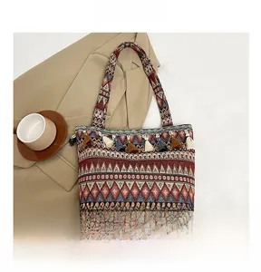 Detailed view of bohemian woven tote bag with colorful tassels and geometric jacquard pattern