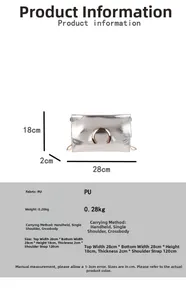 Detailed view of silver PU envelope bag showing metal C-buckle and product dimensions