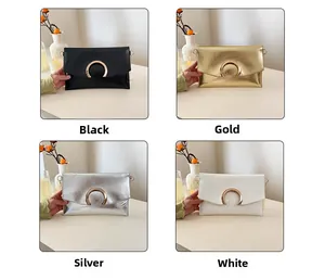 Collage of envelope chain bags in black, gold, silver and white with metal ring buckles