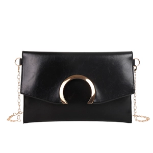 Classic black PU leather envelope chain bag for women with golden crescent metal clasp