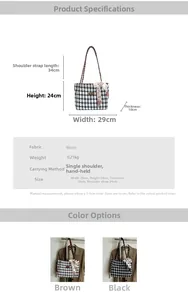 Detailed size chart for plaid wool tote bag showing 29x24x10cm dimensions and strap