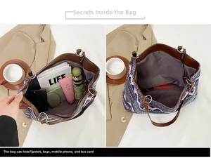 Spacious interior of ethnic canvas tote bag showing storage for phone and daily items
