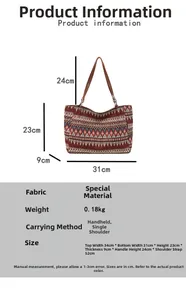 Ethnic tote bag with geometric patterns showing detailed dimensions and size chart