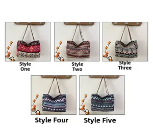 Detailed grid of five ethnic canvas tote bags with vintage patterns and leather handles
