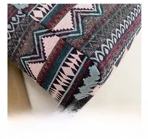 Detailed close-up showing precision stitching on colorful ethnic woven fabric bag
