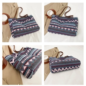 Detailed views of Bohemian canvas tote bag with geometric patterns and leather straps
