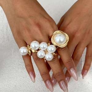Alloy Imitation Artificial Pearl Rings Geometric Gold Tone Adjustable Open Finger Jewelry For Women Fashion Retro Temperament