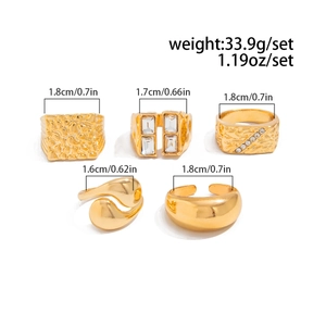 Detailed view of 5-piece gold ring set with dimensions and crystal embellishments