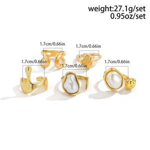 Detailed view of 5-piece gold ring set weight and diameter specs on white background
