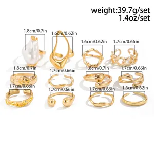 Detailed size chart showing diameters and weight for a 12-piece gold ring set