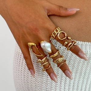 Golden Baroque pearl ring set with geometric chunky Cuban chain and lava metal rings
