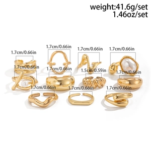 Detailed view of 10-piece gold pearl ring set with diameter and weight measurements
