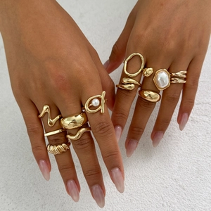 Women's Baroque Irregular Metal Open Ring Set With Imitation Artificial Pearl Alloy Gold Silver Joint Finger Rings Fashion Jewelry Gift