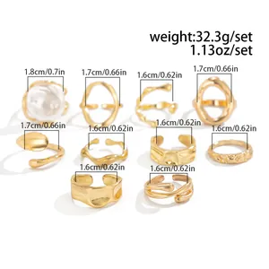 Detaillierte Größentabelle für 10-teiliges Goldring-Set mit Perlen und Lava-Textur