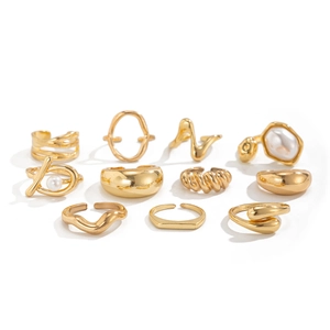 11pcs gold fashion ring set with irregular baroque pearls and geometric open designs