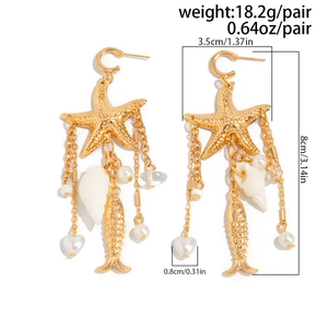 Dettaglio orecchini a stella marina dorati con perle, dimensioni 8cm e peso 18,2g inclusi
