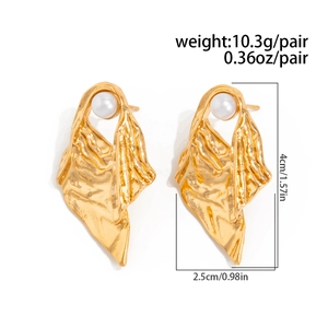 Detail view of gold liquid lava heart earrings with pearl inlay and size dimensions