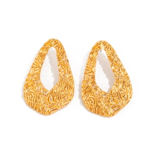 Modern hollow gold metal hoop earrings with irregular lava texture in teardrop shape