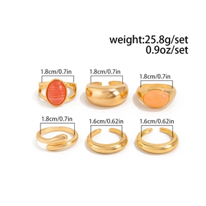 Detailed dimensions and weight of a 6-piece liquid metal ring set with rhinestones