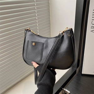 Minimalist black PU leather crescent underarm bag with gold metal zipper and front pocket