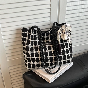 Women's Fashion Woolen Plaid Tote Bag Large Capacity Shoulder Handbag With Satin Scarf Decoration Elegant Tweed Commuter Bag