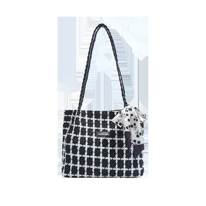 Chic black and white plaid tweed tote bag with shoulder straps and cherry print scarf decor