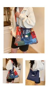 Detail showing vintage patchwork tote and blue denim shoulder bag with bow ties