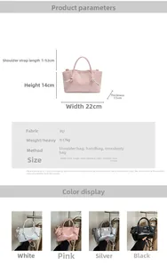 Vue détaillée du petit sac cabas en cuir PU montrant quatre couleurs et dimensions