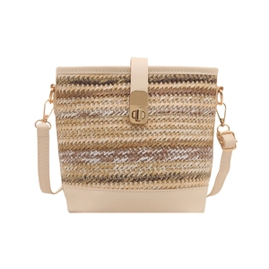Straw bucket bag with beige leather trim and adjustable shoulder strap for women