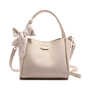Chic beige lychee grain bucket bag with silk scarf and detachable shoulder strap