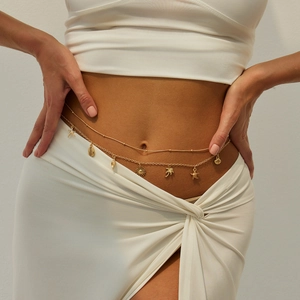 Double-layered gold belly chain with starfish and seashell pendants for summer beach style