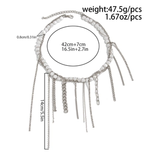 Detail of layered imitation pearl necklace with rhinestone fringe tassels and dimensions