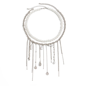 Layered faux pearl and silver-tone chain necklace set with heart tassel and metal drops