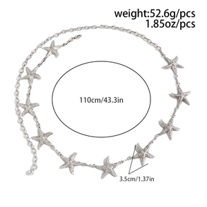 Silver starfish waist chain detail showing 110cm length and 3.5cm charm dimensions
